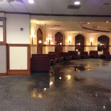 Sprinklers burst, flood Saga