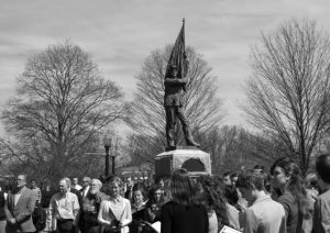 Students and faculty gathered around the Civil War Memorial on the anniversary of Lincoln’s death.  (Hailey Morgan/Collegian) 