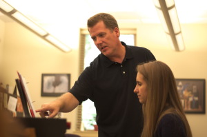 Director of Keyboard Studies Brad Blackham instructs freshman Brooke Conrad. Blackham, who has been at Hillsdale 11 years, performs in a faculty recital Sunday. Collegian | Madeline Barry