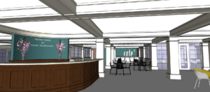 A digital rendering of the downstairs area of the old Knorr Student Union, where  Career Services and the Writing Center have offices. New plans would add classroom and conference space and develop a radio station  location. Courtesy of Sheila Butler.