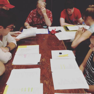 Senior Micah Meadowcroft, junior Andrew Egger, Professor of Theatre George Angell, juniors David Whitson and Dani Morey, and sophomore Chandler Lasch gather for a read- through of “Twelfth Night.” (Courtesy Tower Players of Hillsdale College Facebook page)