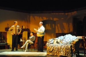 Ross Bonjernoor, Jessica Hayes, and Ken Washburn rehearse for the Sauk Theatre’s production of Agatha Christie’s “The Mousetrap,” which runs Oct. 15-25. Stacey Egger  | Collegian 