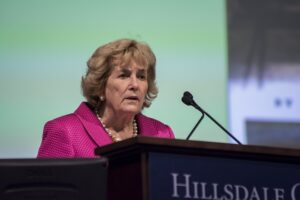 Minnie Churchill speaks during CCA on her grandfather-in-law, Winston Churchill. 