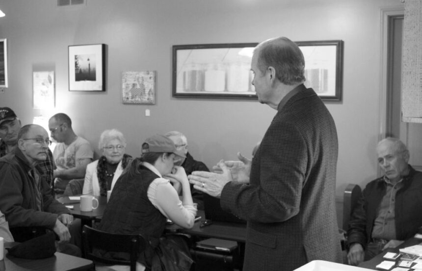 Tim Walberg shares coffee and conversation with constituents