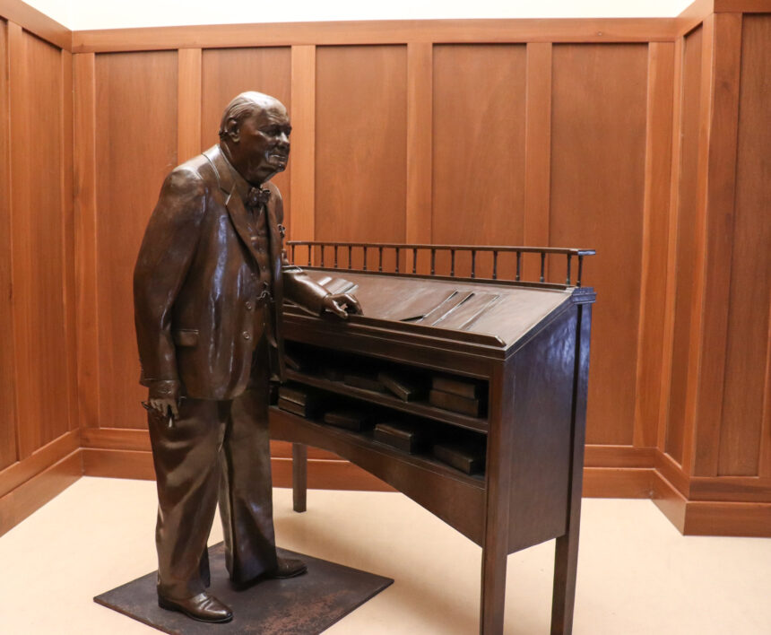 A statue of Winston Churchill stands on the Liberty Walk in the Grewcock Student Union. Olivia Pero | The Collegian